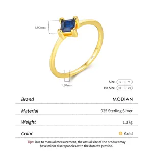 Minimalist 925 sterling silver ring with square blue gemstone in gold finish