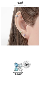 Detailed close-up of 0.45cm floral stud earrings with blue and clear zircon crystals