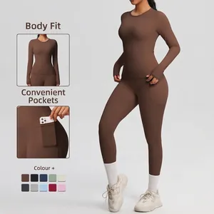 Femme Haut Et Bas Haute Élasticité Brossé Manches Longues Yoga Leggings Course Fitness Gym Sport Ajusté Couleur Unie Vêtements De Sport