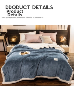 Detailed view of dark blue quilted blanket with soft white sherpa fleece lining