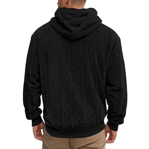 Detailed back view of men's black hooded sweatshirt with textured jacquard teddy fleece
