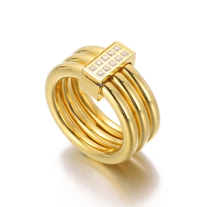 Women Stainless Steel Ring With Rhinestone Rectangular Plate Multi Layer Stacked Elegant Trendy Jewelry Gold Tone