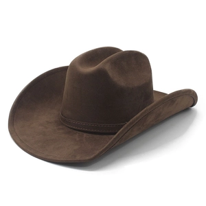 Macro detail of brown faux suede western cowboy hat with curved brim and decorative band