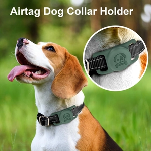 Close-up of dark green silicone AirTag dog collar holder with dog head relief pattern