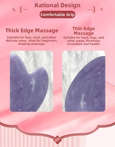 Detail view of purple heart-shaped Gua Sha tool showing thick and thin massage edges