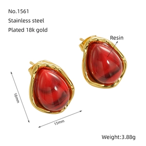 Detailed view of water drop resin earrings with 18k gold plating and dimensions