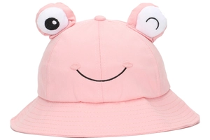 Close-up of pink frog bucket hat with 3D eye details and embroidered smile face