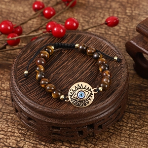 Natural Tiger Eye Stone Beaded Bracelet Evil Eye Charm Adjustable Woven Cord Handmade Ethnic Jewelry For Women Men