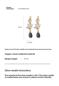 Size details of butterfly tassel earrings with blue zircon drops and 925 silver needles