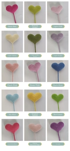 Macro view of fifteen colored crochet heart sticks for DIY handmade floral gift decor
