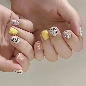 Press On Nails Short Square Hand Painted Cartoon Stars Sun Cat With Rhinestones Gold Foil And Glue Cute Style False Nails