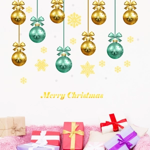 Christmas wall stickers with golden snowflakes, festive balls and Merry Christmas lettering