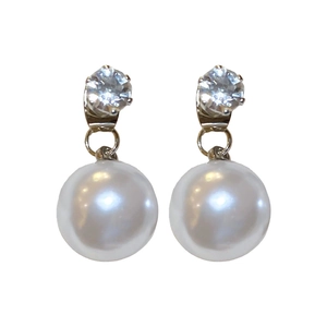 Elegant silver earrings featuring a round zircon stud and a large white pearl drop