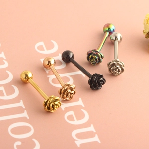 Five-color rose flower stainless steel tongue rings set with 3D engraved design