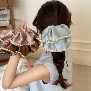 Oversized Satin Scrunchies Elegant Faux Artificial Pearl Edge Hair Ties Korean Vintage Elastic Ponytail Holder For Women