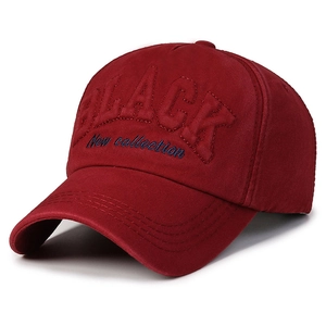 Classic deep red baseball cap with embossed BLACK text and blue New Collection embroidery