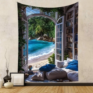 Detail of bohemian tapestry featuring an artistic beach study and ocean view room decor