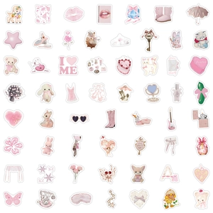 Flat lay of assorted waterproof pink Coquette aesthetic stickers with floral and heart patterns