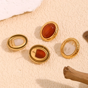 Vintage 18K gold plated stainless steel oval stud earrings with hammered natural stones