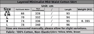 Detailed size chart showing measurements for the tiered cotton minimalist maxi skirt