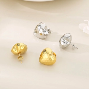 Heart Stud Earrings Stainless Steel Hammered Texture Puffy Hollow Fashion Trendy Jewelry For Women