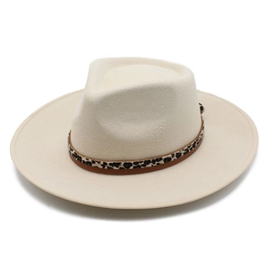 Classic cream wool fedora hat featuring a stylish leopard print band on white background