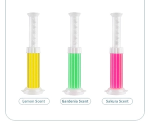 Three tubes of scented toilet cleaning gel in lemon, gardenia, and cherry blossom scents