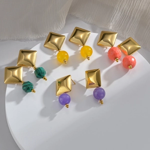 14K gold plated stainless steel drop earrings with colorful beads and rhombus charms