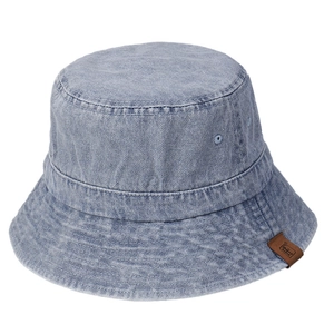 Classic washed blue denim bucket hat with casual leather logo patch for men and women