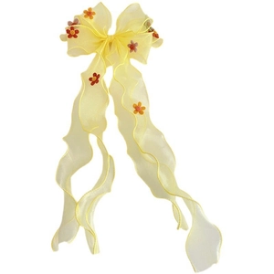 Girl's organza yellow hair bow with orange floral patterns and elegant long streamers