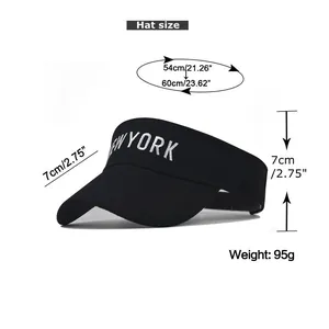 Size chart showing New York sun visor dimensions: 54-60cm head size, 7cm brim, 95g weight