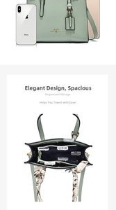 Internal structure of mint green tote bag with multi-compartments and scarf detail