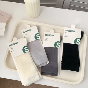 Pack of 4 pairs thin mesh mid-calf socks in beige grey and black ribbed knit style