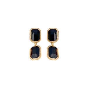 Vintage gold-framed square black crystal tassel earrings with a retro luxury aesthetic