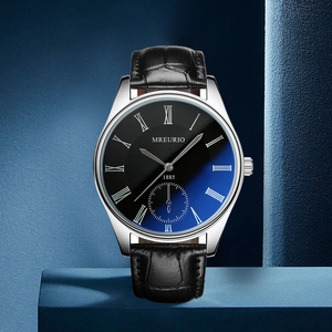 Business men's watch with blue gradient dial and black embossed leather strap
