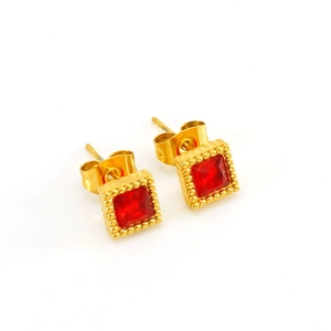 Fashionable gold square stud earrings with red zircon stones for women in stainless steel