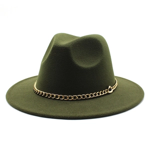 Detail of army green wool fedora hat featuring a stylish chunky gold chain decoration