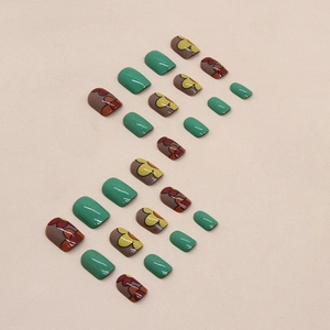 Short square press-on nails in green and vintage hand-painted floral patterns on beige background