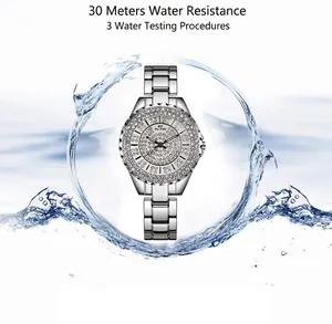 Luxury silver women's watch with full crystal pavé and 30m water resistance performance