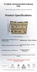 Detailed size specifications for the 17x25cm Egyptian style linen cosmetic bag