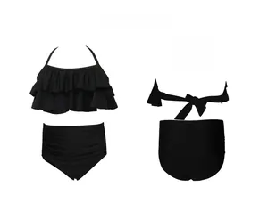 Front and back view of girls' black two-piece swimsuit with ruffle top and high waist bottom