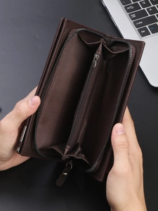 Classic dark brown long leather wallet for men featuring multiple bill compartments