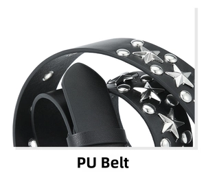 Detail shot of black PU leather belt with silver star studs and punk metal rivets