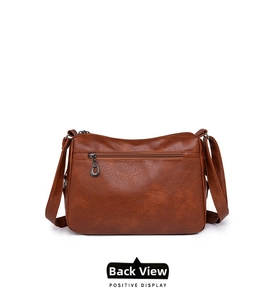Detailed rear view of the brown leather crossbody bag with a functional back zipper pocket