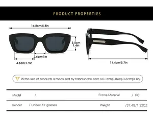Detailed size chart for square frame sunglasses with frame width and lens height