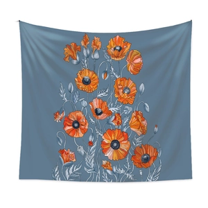 Detail of floral tapestry featuring orange poppies and artistic hand-drawn patterns