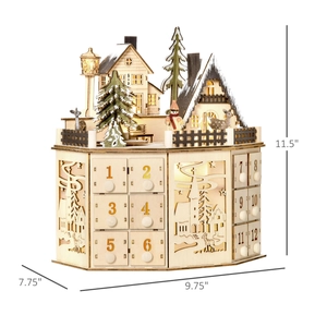 Detailed dimensions of wooden Christmas advent calendar with lighted village scene