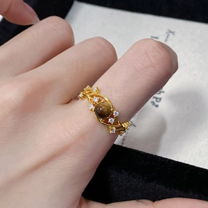 Retro Maillard Style Open Ring Real Gold Plated Copper Round Tiger Eye Stone White Zircon Adjustable Vine Design Women Luxury