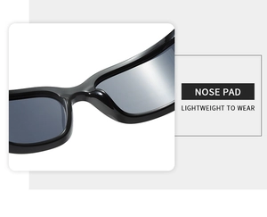 Detail of lightweight integrated nose pads on black Y2K punk wrap around sunglasses
