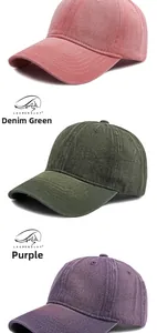 Detailed texture of washed denim baseball caps in pink, green, and purple shades
